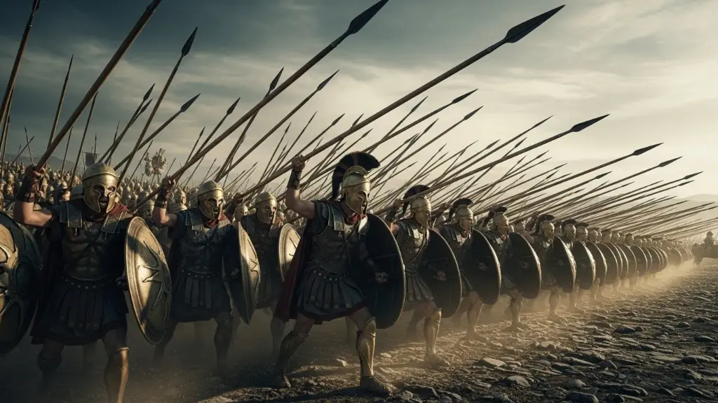 Macedonian Phalanx, long spears, coordinated battle formation, ancient warfare, epic style