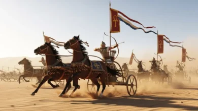 Egyptian chariot corps charging across battlefield with composite bows during New Kingdom period