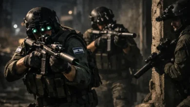 Israeli Sayeret Matkal operators conducting night counterterrorism operation in urban environment