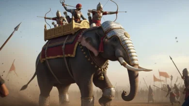 Mauryan war elephant charging with armored mahout and infantry on battle terrain, ancient India