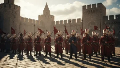 Ottoman Janissaries in full uniform with muskets and polearms