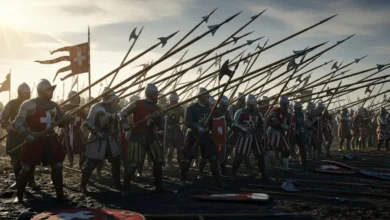 Swiss Pikemen in tight pike formation, late medieval European battlefield