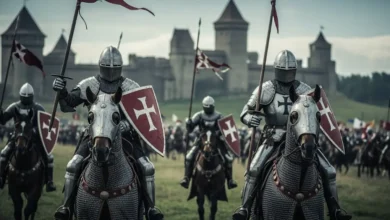 Teutonic Knights in full plate armor, mounted cavalry charging across medieval battlefield