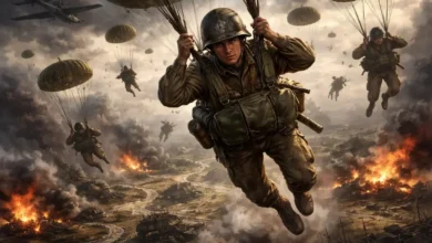 US 101st Airborne paratroopers descending over Normandy