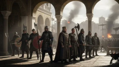 Varangian Guard warriors, Norse and Anglo-Saxon mercenaries in chainmail and axes, protecting Byzantine Emperor