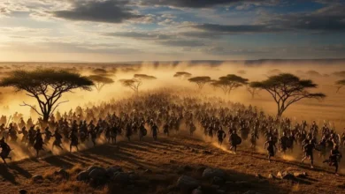 Zulu Impi warriors in buffalo horns formation, armed with iklwa spears and shields, engaging enemy forces in African battlefield