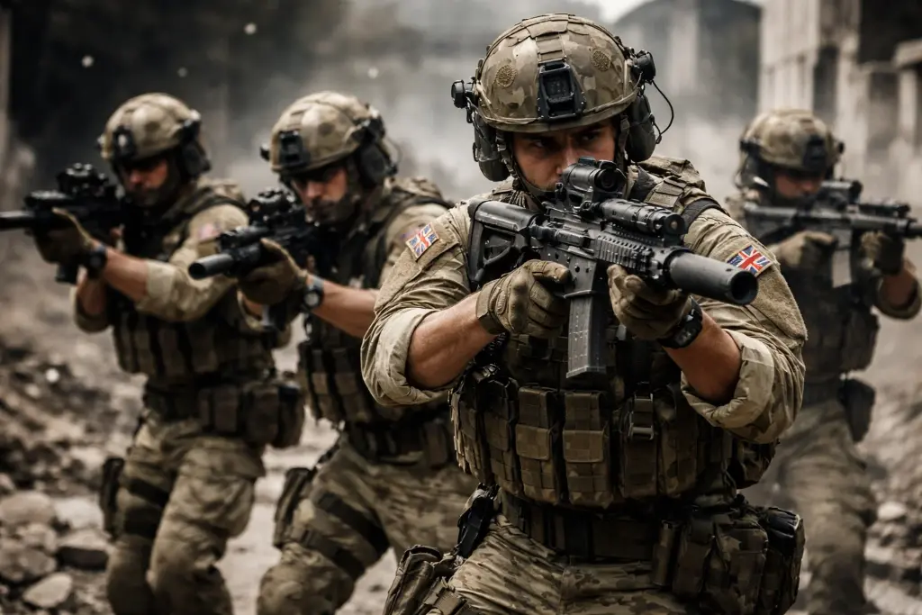 British SAS special forces soldiers in tactical gear, modern warfare, night operation