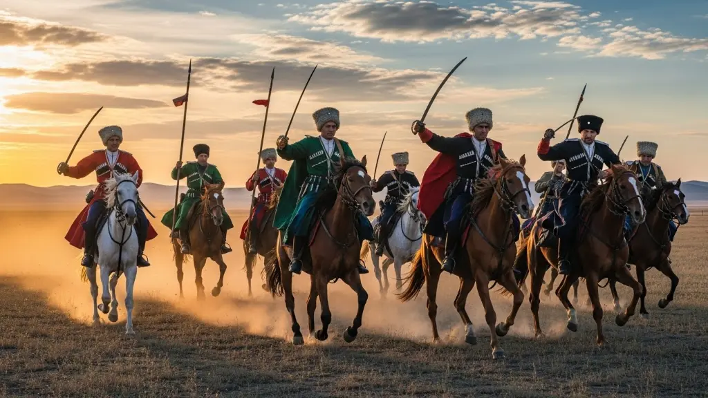Cossack cavalry riding across steppe, light cavalry warfare, Eastern Europe