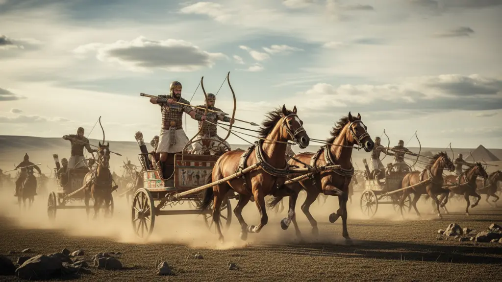 Egyptian chariot corps, fast chariots in desert battle, ancient warriors, cinematic lighting