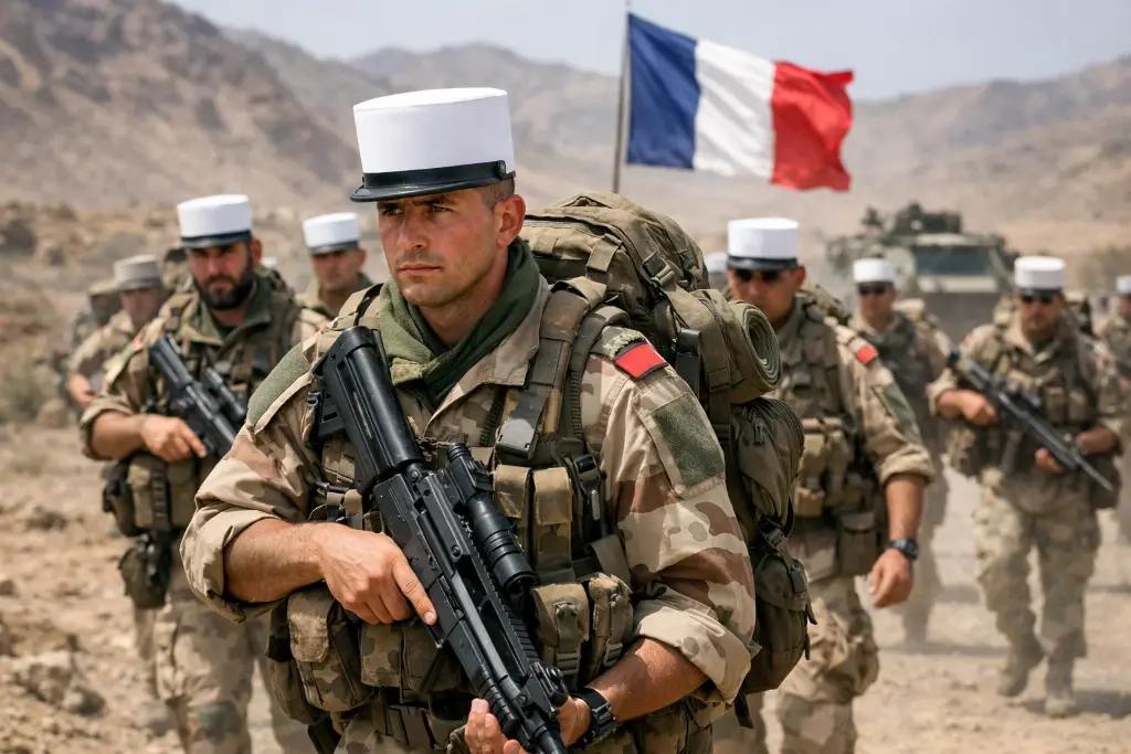 French Foreign Legion soldiers marching, international recruits, historic ceremony, desert training