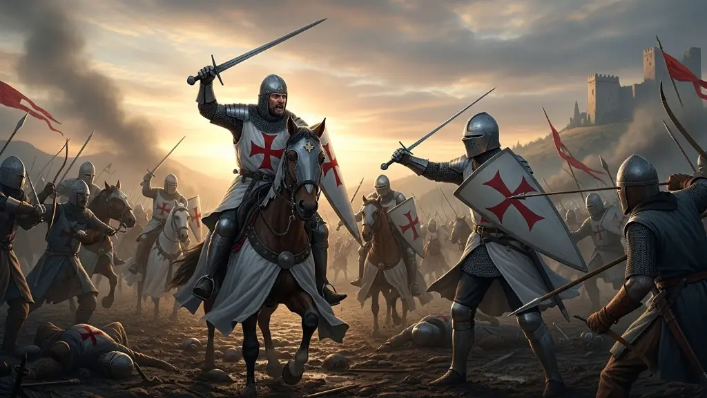 Knights Templar, medieval armored knights, crusader battlefield, swords and shields