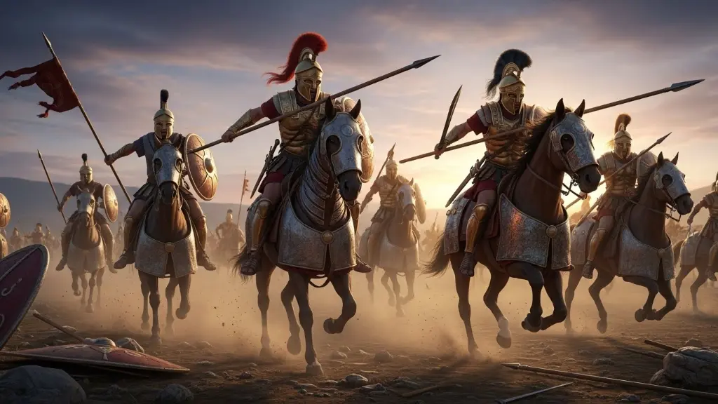Macedonian Companion Cavalry, horsemen in armor, charging, ancient battlefield