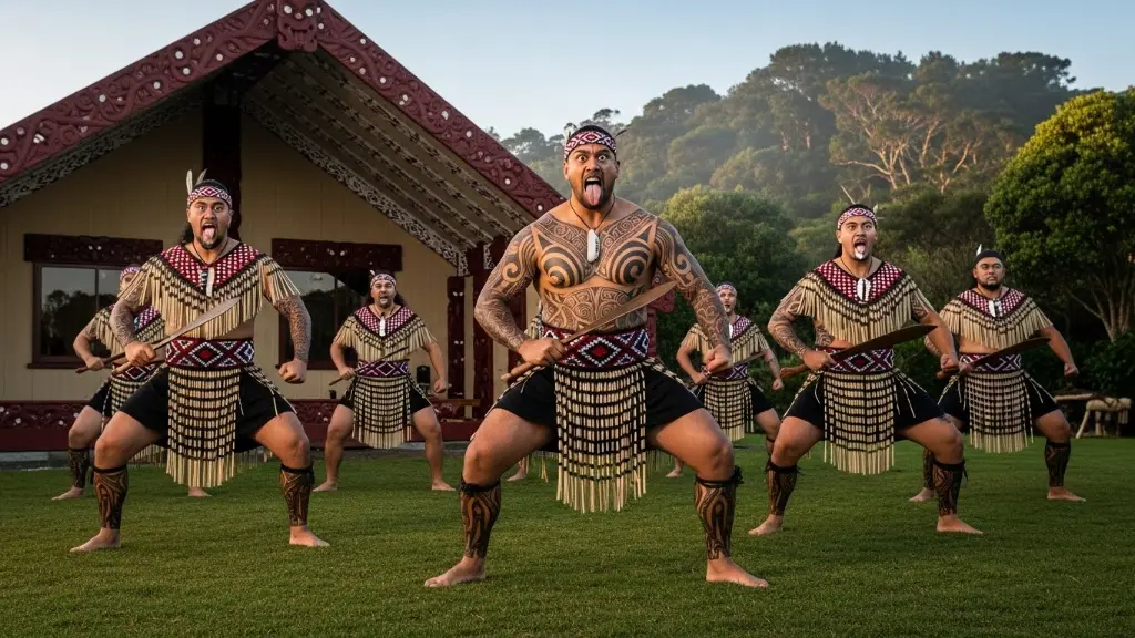 Maori warriors performing haka, traditional weapons, fortified pā battlefield