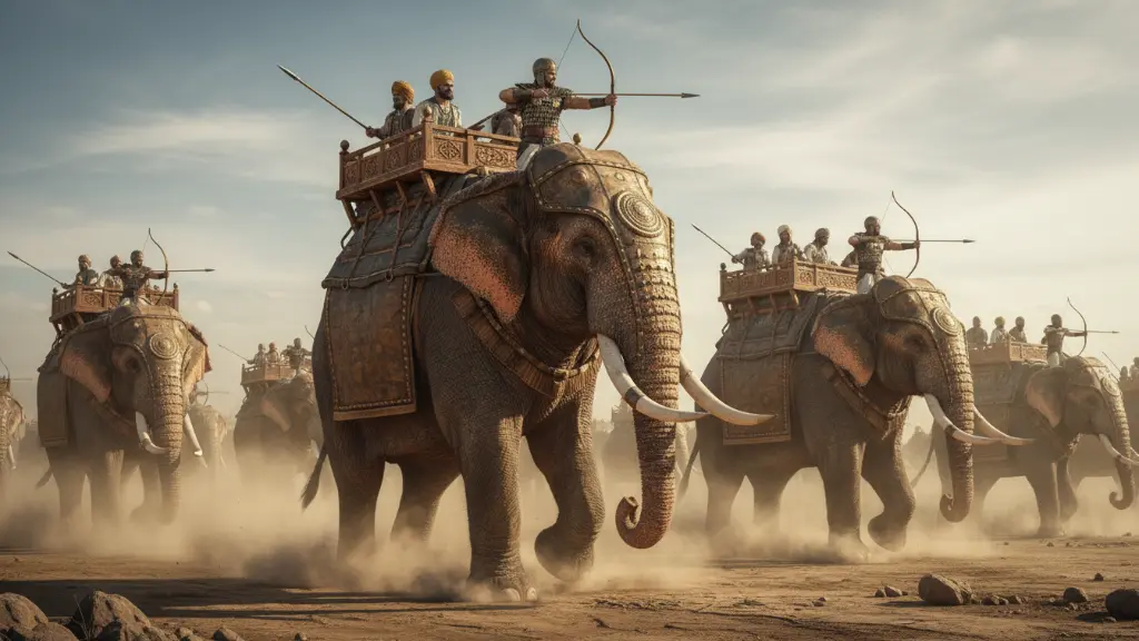 Mauryan war elephants charging, ancient India battlefield, armored elephants, epic cinematic style