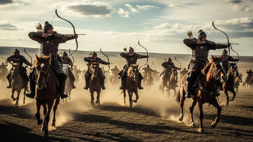Mongol cavalry in open steppe, horse archers, fast and mobile army, cinematic style