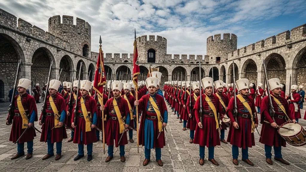 Ottoman Janissaries, elite infantry, historic fortress, disciplined ranks, ceremonial uniform