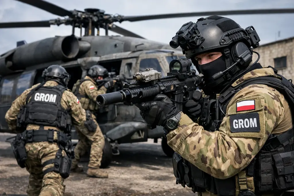 Polish GROM special forces unit, counterterrorism operators, modern tactical gear, urban operation