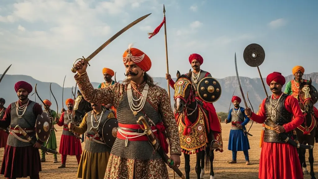 Rajput warriors in traditional armor, medieval India battlefield, swords and shields