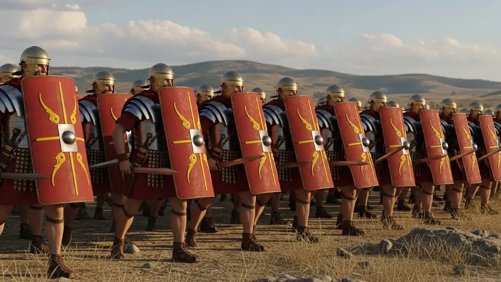 Roman Legions in formation, ancient battlefield, disciplined infantry, shields and swords