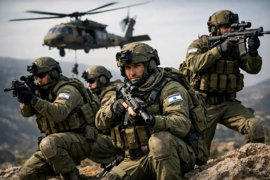 Israeli Sayeret Matkal soldiers in desert training, hostage rescue simulation, tactical operation