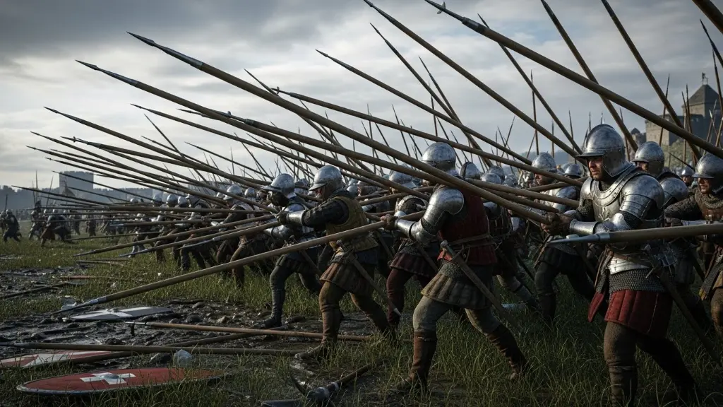 Swiss Pikemen in dense formation, medieval battlefield, long pikes, disciplined soldiers