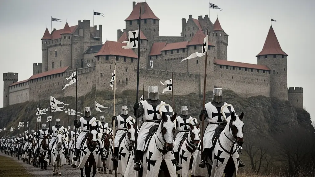Teutonic Knights, armored knights, northern European castles, banners waving