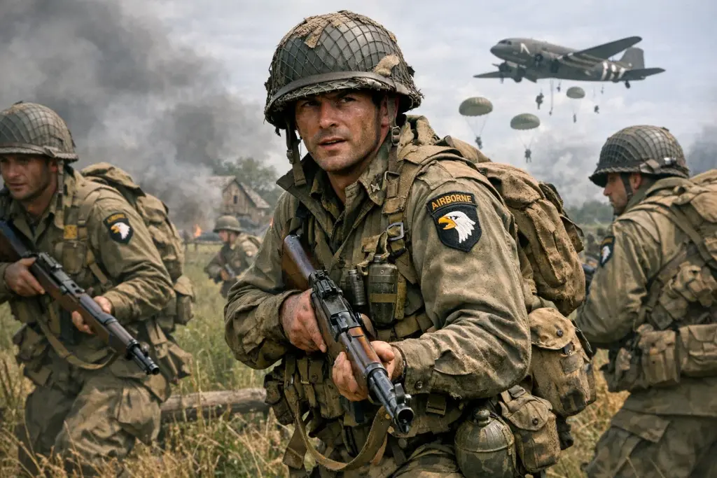 US 101st Airborne Division paratroopers, World War II reenactment, tactical jump