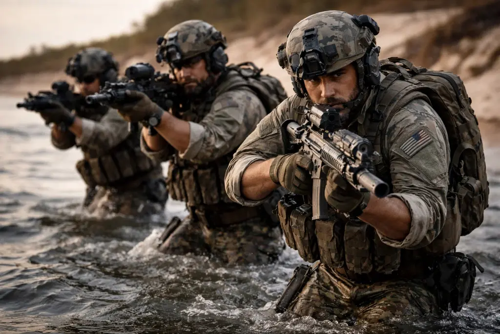 US Navy SEALs in amphibious operation, modern special operations, tactical mission