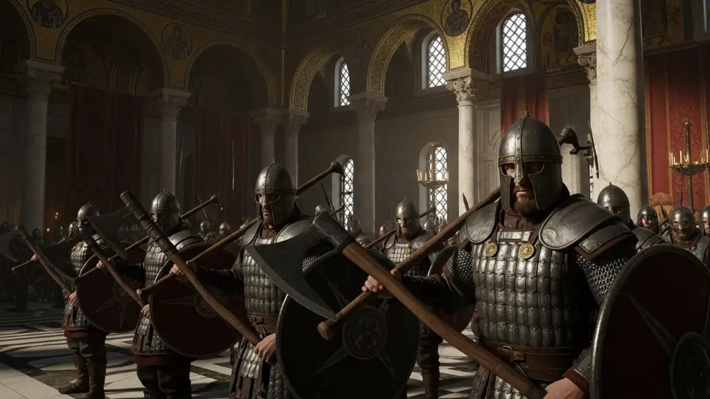Varangian Guard, Nordic warriors with axes, Byzantine imperial palace, loyal elite