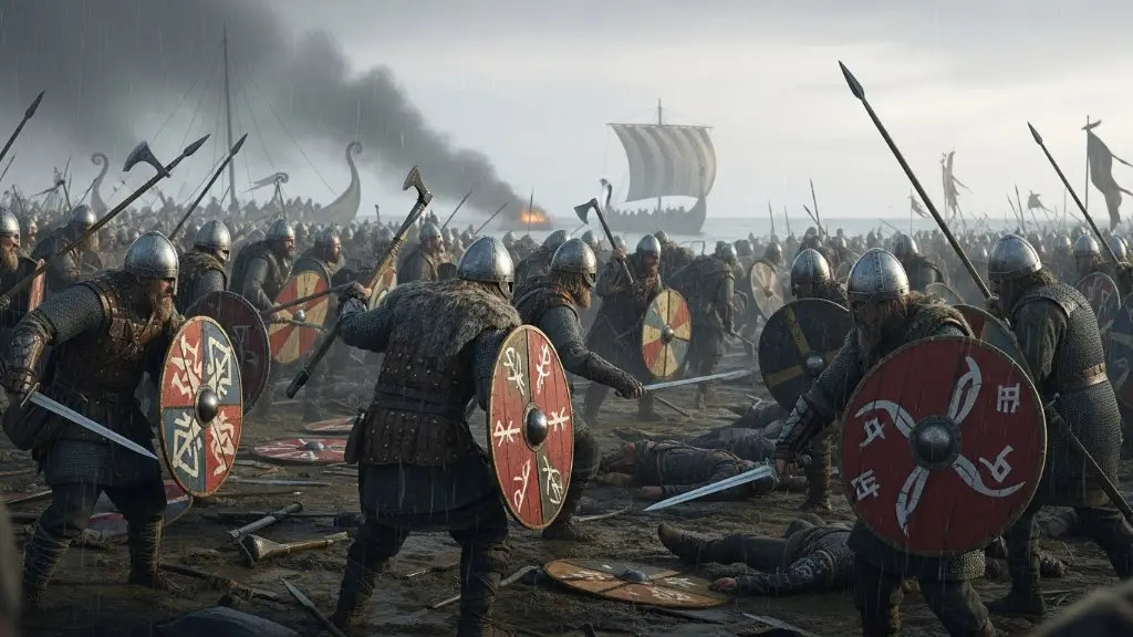 Viking Great Heathen Army, coordinated invasion force, Norse warriors with shields and axes, medieval battlefield