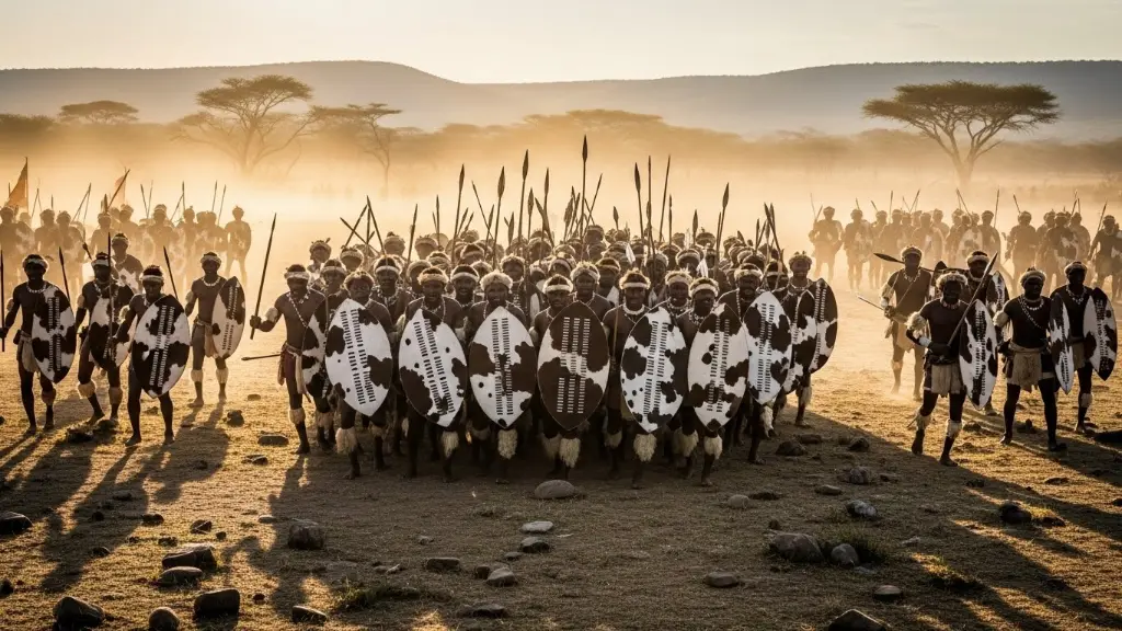 Zulu Impi warriors in traditional formation, African battlefield, spears and shields, tactical maneuvers